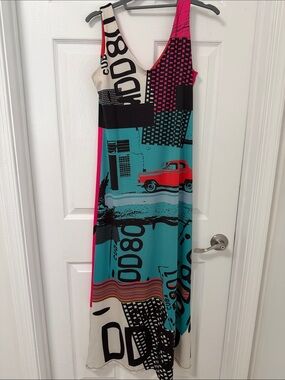 Volt Design Nina Raynor Pink, Aqua & Black Cuba Graphic Maxi Dress - size Medium